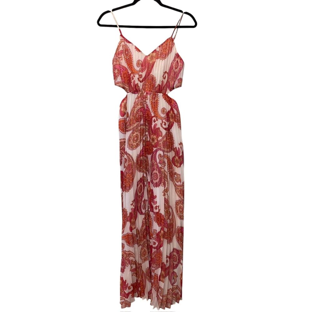 Express Maxi Dress White Pink Paisley Pleated Skirt Lined Cut Out Waist XS